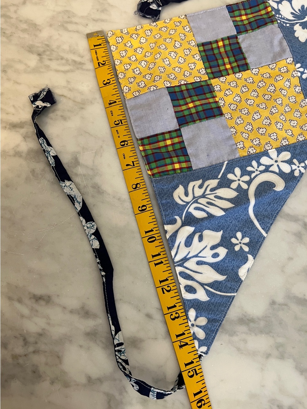 Handmade Kids Aloha Cotton Patchwork Headscarf in Blue and Yellow. 21x15”, 52” L - Picture 4 of 6